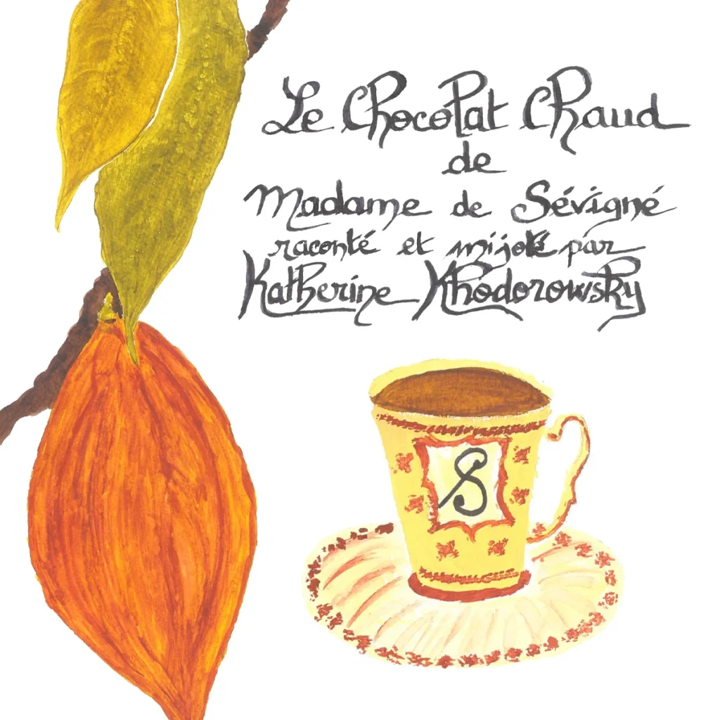 aquarelle représentant une bosse de cacao et une tasse de chocolat chaud